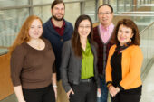 Illinois researchers developed a platform to grow and study neuron cells using tiny rolled microtubes. Pictured, left to right: Olivia Cangellaris, Paul Froeter, professor Xiuling Li, Wen Huang and professor Martha Gillette.