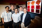 University of Illinois engineers developed a method to computationally correct aberrations in three-dimensional tissue microscopy. From left, postdoctoral researcher Steven Adie, professor P. Scott Carney, graduate students Adeel Ahmad and Benedikt Graf, and professor Stephen Boppart.