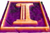 A three-dimensional image of an etched gallium-arsenide semiconductor, taken during etching with a new microscopy technique that monitors the etching process on the nanometer scale. The height difference between the orange and purple regions is about 250 nanometers.