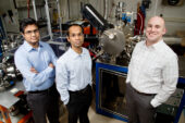 University of Illinois engineers devised a method of making thin films of ferroelectric material with twice the strain of traditional methods, giving the films exceptional electric properties. Professor Lane Martin, right, led the work with graduate student Karthik Jambunathan, center, and postdoctoral researcher Vengadesh Mangalam.