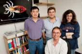 University of Illinois entomology professor Barry Pittendrigh, standing center, coordinated the effort to sequence and analyze the human body louse genome. Other U. of I. researchers on the project included, from left, research scientist Weilin Sun and entomology professors Hugh Robertson and May Berenbaum. The initiative involved researchers at 28 institutions in the U.S., Australia, Europe and South Korea.