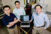 Jianjun Cheng, professor of materials science and engineering, left; Rong Tong, graduate student, center, and Yi Lu, professor of chemistry, were on a team that developed a reversible method for delivering cancer drugs to tumor cells.