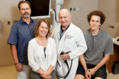Researchers got a first look at microbes that inhabit the colonic mucosa. Pictured, from left, University of Illinois animal sciences and Institute for Genomic Biology professor Rex Gaskins, animal sciences visiting research specialist Ann Benefiel, Carle Foundation Hospital gastroenterologist Dr. Eugene Greenberg, and postdoctoral researcher Franck Carbonero.