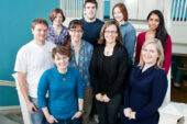 Project NEURON research group: Back row, from left, neuroscience graduate student Claudia Lutz, biology undergraduate Thomas Wolfe, curriculum and instruction graduate student Westyn Garber and neuroscience undergraduate Sandhya Prathap; middle row, entomology graduate student Nicholas Naeger, professors Barbara Hug and Donna Korol, curriculum and instruction graduate student Kristen Talbot; front row, biology graduate student Hillary Lauren.