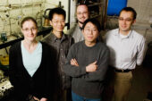 Chemists at Illinois who have created a simple and inexpensive molecular technique that replaces an expensive atomic force microscope for studying what happens to small molecules when they are stretched or compressed: from left, Daria Khvostichenko, postdoctoral researcher; Zhen Huang and Timothy Kucharski, graduate students; Qing-Zheng Yang, research associate; and Roman Boulatov, professor of chemistry.