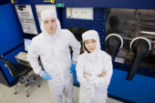 Electrical and computer engineering professor Xuling Li, right, ,and graduate research assistant Seth Fortuna have found a new way to make transistors smaller and faster.