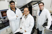 Rashid Bashir, a Bliss Professor of electrical and computer engineering and of bioengineering, center, led the researchers who developed a new solid-state nanopore sensor. He is flanked by graduate students Murali Venkatesan, left, and Sukru Yemenicioglu.