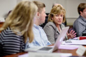 Interim Chancellor Barbara J. Wilson makes a point during discussion about the university's expanded background check policy at the Oct. 12 Senate Executive Committee meeting. Wilson said the revision process needs to be completed before the delay hampers campus hiring.