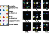 The printed array is made up of nanoporous pigments that change color in response to their chemical environment. The color differences are shown for a few representative poison gases.