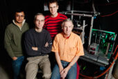 A new technique to study protein dynamics in living cells has been created by a team of University of Illinois scientists, from left, graduate student Apratim Dhar; Martin Gruebele, professor of chemistry; Simon Ebbinghaus, postdoctoral researcher; and J. Douglas McDonald, professor of chemistry.
