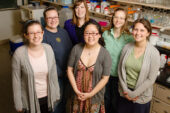 A new course co-developed by plant science professor Katy Heath teaches graduate students skills such as communicating about their research with nonscientists and developing educational outreach programs. Part of the Amplify the Signal course: graduate students, from left, front row, Cassandra Wesseln, Jennifer Han and Miranda Haus; back row, Rhiannon Peery, Christina Silliman and Heath.