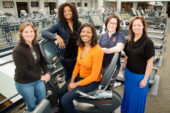 Developers of the Lifetime Health Initiative/SISTERS program, from left: Kim Shinew, a professor of recreation, sport and tourism; graduate student Courtney Dorsey; Jacqueline McDowell, a professor of recreation, sport and tourism; Beth Frasca, a McKinley Health Center health educator; and Janet Kroencke, the assistant director for student wellness/instructional kitchen in the Division of Campus Recreation.