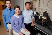 Jennifer Lewis, professor of materials science and engineering, led the research team that created a new method for constructing complext three-dimensional structures for biocompatible devices. Graduate student Chris Hansen, left, and postdoctoral research associate Bok Yeop Ahn were on the team.