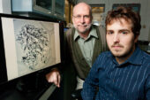 Civil and environmental engineering professor Mark Rood (left) and graduate student John Atkinson developed a novel method of producing porous carbon spheres with iron dispersed throughout them for catalytic and air quality applications.