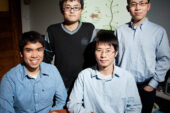 From left, undergraduate Jason Lang, graduate students Yugang Bai and Hua Lu, and materials science and engineering professor Jianjun Cheng have developed a simple method of making short protein chains with spiral structures that can also dissolve in water, two desirable traits not often found together.