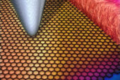 An atomic force microscope tip scans the surface of a graphene-metal contact to measure temperature with spatial resolution of about 10 nm and temperature resolution of about 250 mK.  Color represents temperature data.