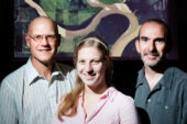 Professors Bruce Rhoads (left) and Jim Best (right) and graduate student Jessica Zinger (center) documented development of two cutoff channels in a bend in the Wabash River, pictured in the background. The cutoffs released huge amounts of sediment into the river.