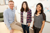 Illinois chemists - Wilfred van der Donk and graduate students Weixin Tang, left, and Neha Garg - discovered a molecule very similar to the antibiotic nisin, found naturally in milk and added to food for decades to fight pathogenic bacteria. The new molecule, geobacillin, is more stable than nisin, which could make it more effective.