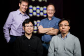 Researchers from the University of Illinois and Northwestern University demonstrated tiny spheres that synchronize their movements as they self-assemble into a spinning microtube. From left, Erik Luijten, Jing Yan, Steve Granick and Sung Chul Bae.