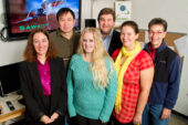 University of Illinois entomology professor Barry Pittendrigh (back right) and his colleagues create animated educational videos as part of the Scientific Animations Without Borders project. Pictured: back row left: entomology research scientist Weilin Sun; front row from left: SAWBO co-founder Julia Bello-Bravo, who also is assistant director of Illinois Strategic International Partnerships; graduate students Laura Steele and Alice Vossbrinck; and research specialist Susan Balfe.