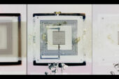 A device is remotely triggered to self-destruct. A radio-frequency signal turns on a heating element at the center of the device. The circuits dissolve completely.
