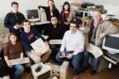 Industrial design class on e-waste solutions: back row, from left, Greg Platt, sophomore in international studies; Amy Cade, senior in industrial design/painting; Lindsey Young, sophomore in industrial design; front row, from left, Marisa Dolin, graduate teaching assistant for class (in urban and regional planning); Paul Cade, sophomore in urban and regional planning; Daniel Carmona, sophomore in industrial design; Alex Lobos, visiting professor in industrial design, and class instructor William Bullock, professor of industrial design.