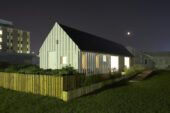 The moon shines over the Gable House, the University of Illinois team's entry in the 2009 Solar Decathlon, sponsored by the U.S. Department of Energy. The Illinois team won second-place honors in the competition.