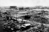 Devatation of the 1923 Great Kanto earthquake as seen from Kotobuki Junior School in Yokohama, Japan.