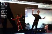 Butoh dancer Jun Makime tests the motion capture equipment that will be used in "Timings, an Internet Dance."