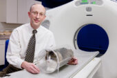 Robert "Bob" O'Brien, professor and head of diagnostic imaging in the College of Veterinary Medicine, demonstrates his invention, the VetMouseTrap, with his cat Michael.