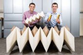Georgia Tech professor Glaucio Paulino and University of Illinois graduate researcher Evgueni Filipov developed an origami zippered tube folding pattern that allows them to build structures with much greater stiffness than a single sheet of paper. They collaborated with University of Tokyo professor Tomohiro Tachi (not pictured).