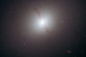 This Hubble Space Telescope image shows and elliptical galaxy with dark, wispy dust lanes, the signature of a recent galaxy merger. A supernova was found flung far from this galaxy, a result of the merger producing a binary black hole.