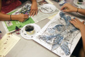 Working with the theme "In My World I See " students reveal their inner landscapes using string painting, a technique in which the artist dips a piece of string 10 to 12 inches long in India ink then presses, drags or swirls the string across the paper. Color is then added using pastels, crayons or watercolors.