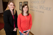 Claudia Sergent, left, is pursuing a master's in social work while working as a social worker for the Illinois Department of Aging's Office of Elder Rights in Springfield, Ill. Jen Harper, an alumna of the School of Social Work, is employed at Carle Foundation Hospital, after having had an internship there as a student.