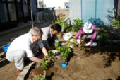A volunteer (center) works with a married couple in Ishinomaki, a town in Miyagi prefecture, on reconstructing the garden outside their home after their residence and garden were damaged by the tsunami.