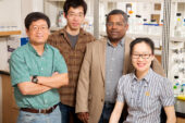 University of Illinois medical biochemistry professor Lin-Feng Chen (left), postdoctoral researcher Xuewei Wu, biochemistry professor Satish Nair, postdoctoral researcher Zhenhua Zou and their colleagues discovered a mechanism by which the inflammatory protein NF-kappa B is activated and contributes to some cancers.