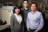 Researchers Lei Zhang, left, and Xinying Wang, center, with Junhua Jiang, a senior research engineer at the Illinois Sustainable Technology Center, are developing high-performance supercapacitors using wood biochar.