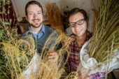 Steve Kostell, left, and Eric Benson, professors in the School of Art and Design, hope to change the paper industry with their Fresh Press project, using indigenous grasses and agricultural waste to make paper products.