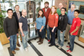 A new collaboration solved a decades-old medical mystery involving an antifungal agent. Pictured, from left: graduate student Grant Hisao; chemistry professor Martin Burke; graduate students Alex Cioffi, Katrina Diaz, Marcus Tuttle and Mary Clay; chemistry professor Chad Rienstra; and graduate students Brice Uno, Tom Anderson and Matt Endo.