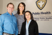Perinatal depression screenings will be available electronically to Champaign-Urbana Public Health clients through a collaborative project led by social work professor Karen M. Tabb Dina, center. Shown with Tabb Dina are co-authors Brandon Meline, director of maternal and child health management at CUPHD; and graduate student Maria Pineros-Leano.