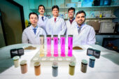 Civil and Environmental Engineering Professor Nishant Garg, center, is joined by fellow researchers, from left: Yujia Min, Hossein Kabir, Nishant Garg, center, Chirayu Kothari and M. Farjad Iqbal, front right. In front are examples of clay samples dissolved at different concentrations in a NaOH solution. The team invented a new test that can predict the performance of cementitious materials in mere 5 minutes. This is in contrast to the standard ASTM tests, which take up to 28 days. This new advance enables real-time quality control at production plants of emerging, sustainable materials. Photo taken at the University of Illinois Urbana-Champaign on Monday, Feb. 3, 2025. (Photo by Fred Zwicky / University of Illinois Urbana-Champaign)