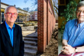 Photo of professors Bill Cope, standing outside the education building, and Walter Feinberg, seated in his office.
