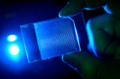 A close-uup of a microfluidic device, showing its winding fluid channels, backlit in blue light