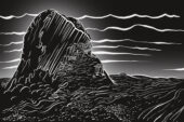 Photo of a black and white illustration showing a mountain with water around it.