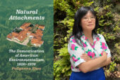 Diptych image of the book cover of "Natural Attachments" and a portrait of Pollyanna Rhee standing in front of greenery.