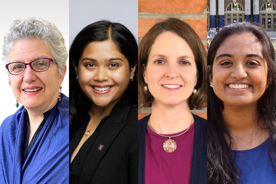 From left, individuals awarded the 2025 Campus Awards for Excellence in Public Engagement are Antoinette Burton, director of the Humanities Research Institute; Ariana Mizan, undergraduate student in strategy, innovation and entrepreneurship; Lee Ragsdale, the reentry resource program director for the Education Justice Project; and Ananya Yammanuru, a graduate student in computer science. Photos provided.