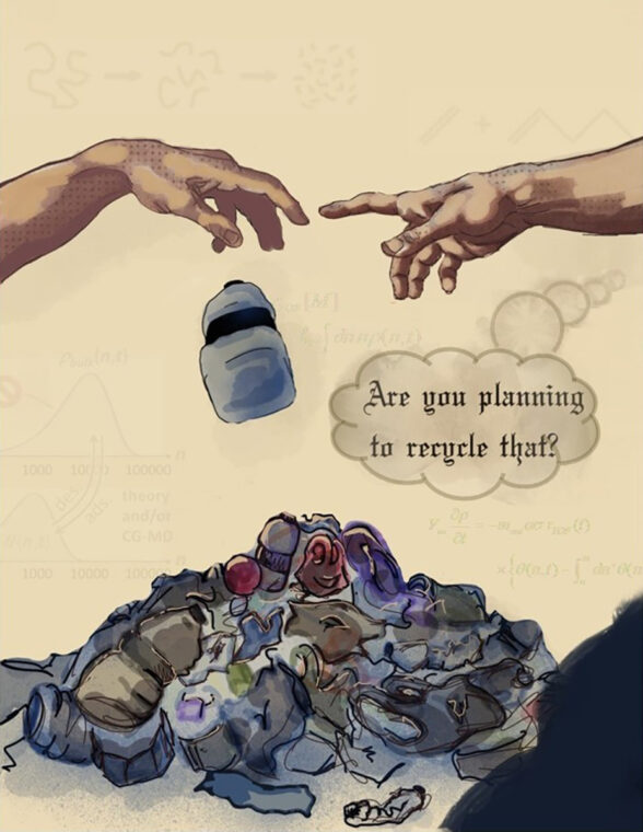Graphic depiction of Michaelangelo's hand of God reaching out for the hand of Adam, as Adam drops a plastic bottle on a heap of other trash. God comments, "Are you planning to recycle that?"