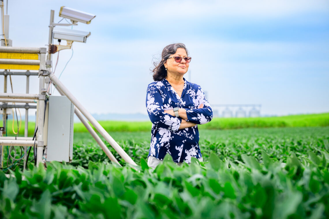 Photo of Madhu Khanna standing in a soybean field next to CO2 monitoring equipment.