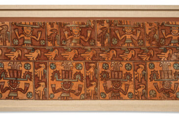 Image of a fragment of a woman's dress in orange and rust tones, with Andean images of birds and of people wearing headdresses.