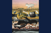 Image of a print showing subterranean chambers with a person reading a book and items such as a car, toaster and dust buster.